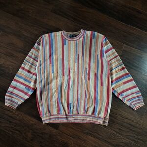 Vtg TUNDRA Cotton Textured Vertical Stripe Multicolored Scoop Neck Sweater Large